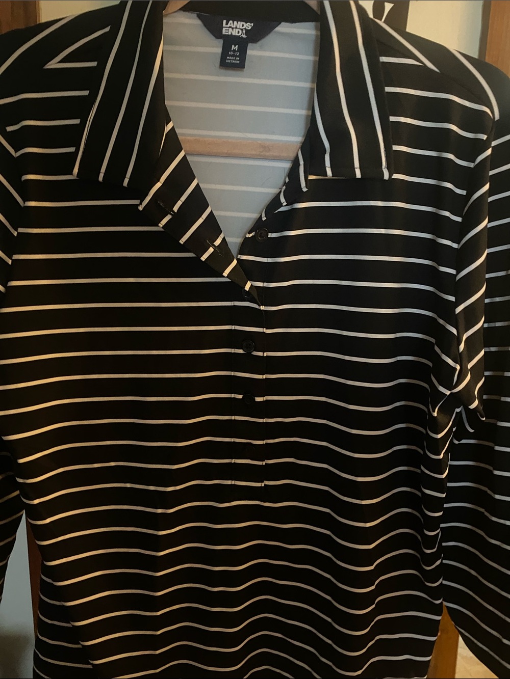 Lands' End Black and White Striped Polo Shirt